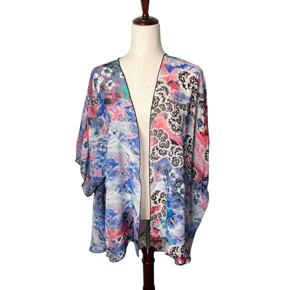 Profile Abstract Marble Floral Open Front Kimono OS Festival Boho Coverup Resort